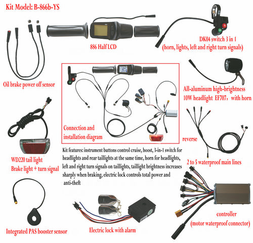 AMPEDMOTO Waterproof Electric Bike Cable Kit w/ Controller, LCD Display, Lights, Sensor & Switch (7680638812321)